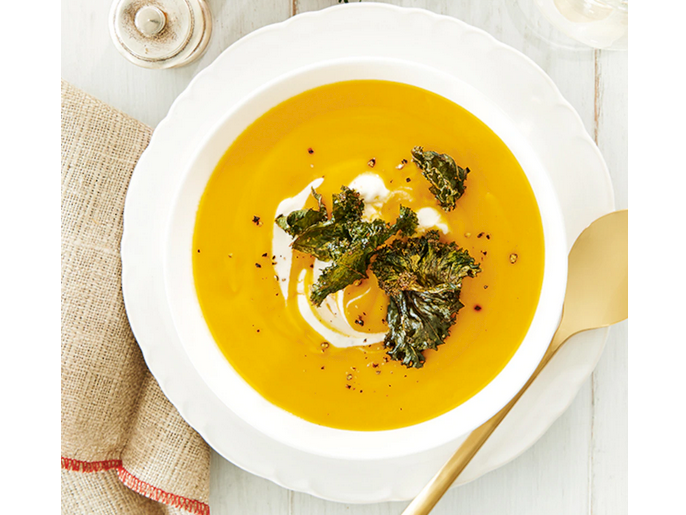 Roasted Carrot and Parsnip Soup With Whipped Goat Cheese and Kale Chips