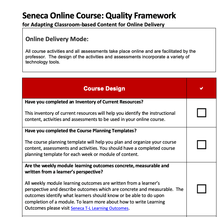 A screen capture of the first page of the Seneca Quality Framework for online courses (http://open2.senecac.on.ca/sites/teaching/plan/hybrid/faculty-resources/)