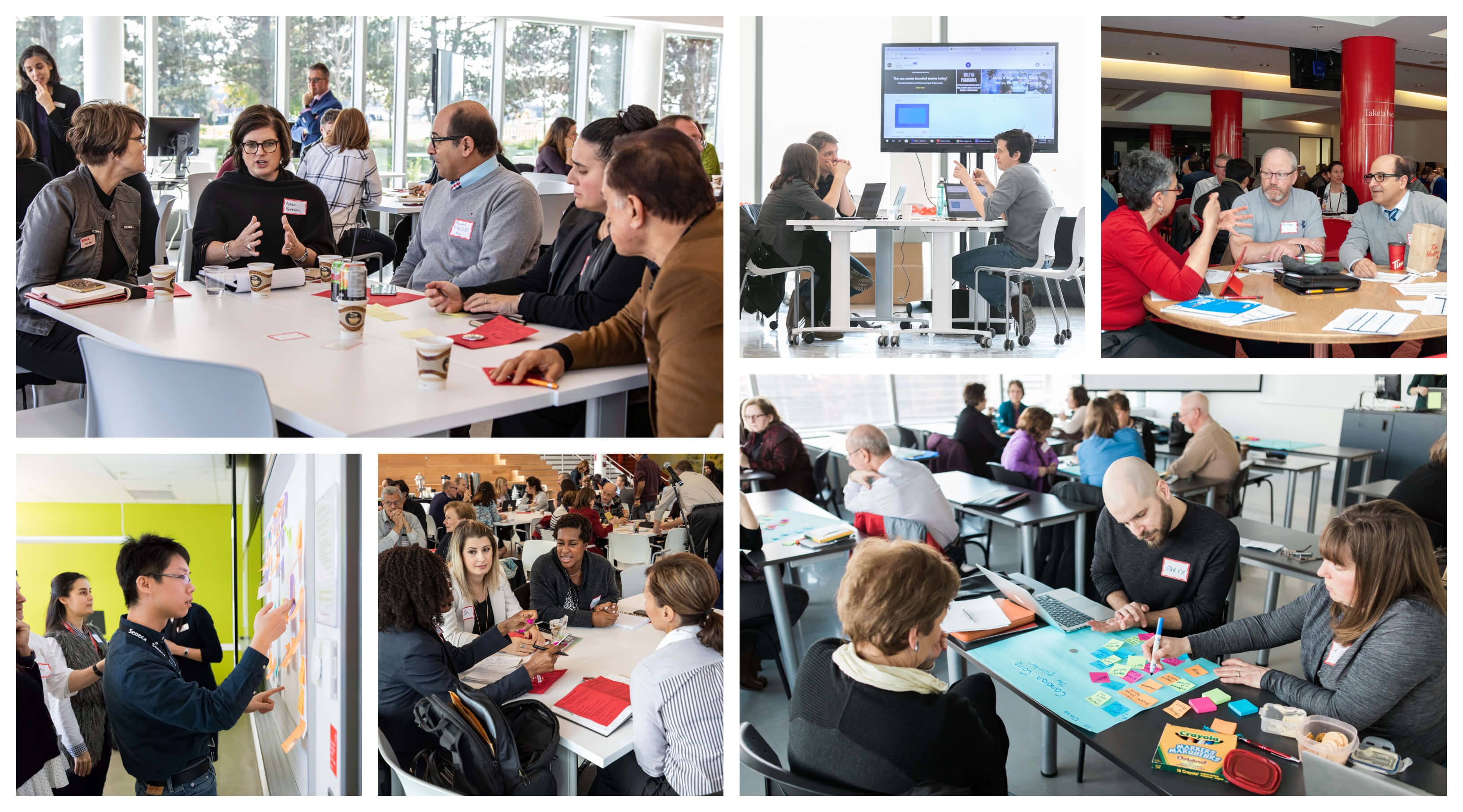 A collage of images of faculty speaking or working in groups