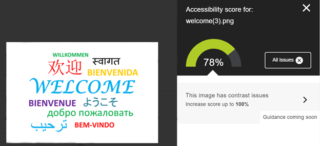 Screenshot of an image with the English word "Welcome" written in several languages in several colours. The Ally indicator score of 78% is shown.
